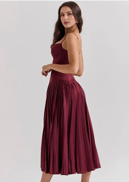 Robe mi-longue plissée en satin à épaules dénudées, sans manches, longueur cheville, robe de bal